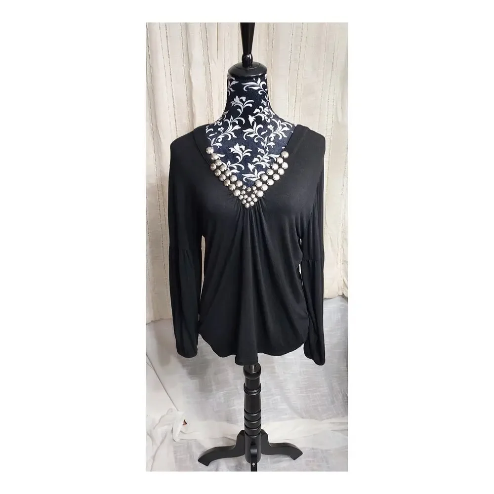 Michael Kors Black Long Sleeve Top V Neck Metal Disc